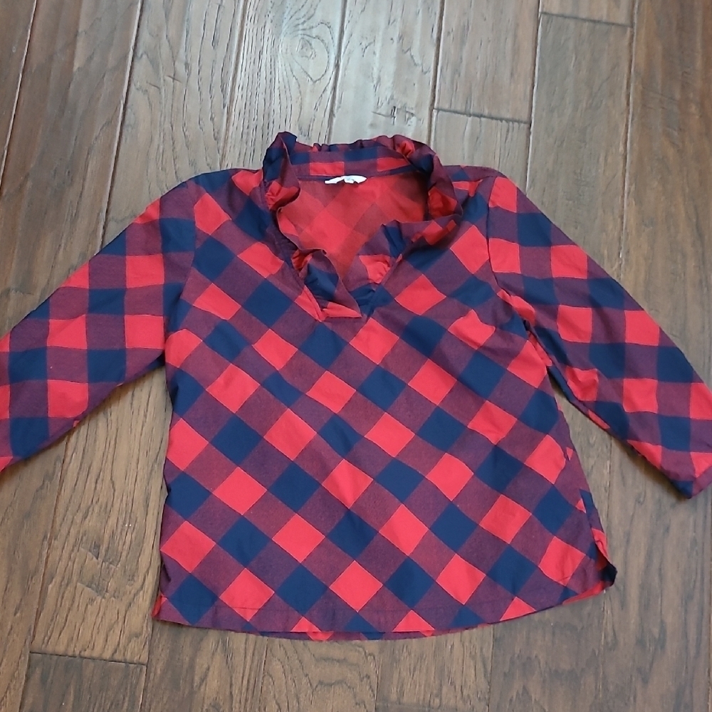 Crown & Ivy Red & Navy Blue Plaid Blouse with a ruffled neckline size Small